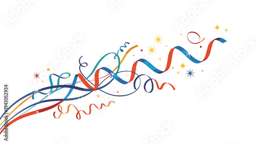 Vibrant colorful serpentine streamers gracefully swirling with sparkling confetti stars, creating a lively atmosphere for a party or celebration.