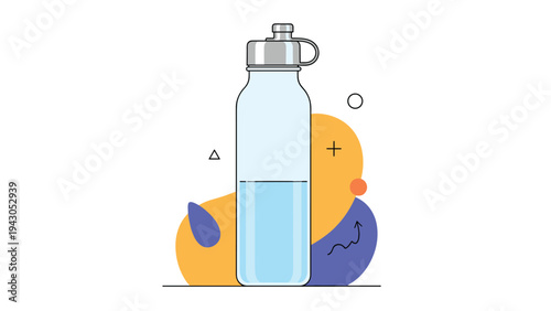 Clear transparent water bottle, half-filled with refreshing water, standing against an abstract colorful background, symbolizing hydration and wellness.