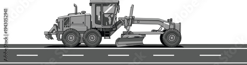 Motor grader road construction machine working on highway surface vector illustration of heavy engineering equipment used for infrastructure maintenance and road leveling