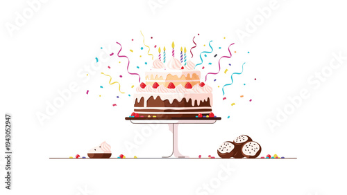 Magnificent multi-tiered birthday cake adorned with lit candles and fresh berries, surrounded by colorful confetti, cupcakes, and cookies, symbolizing celebration.