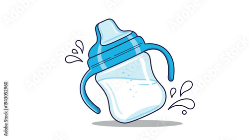 Child's blue sippy cup filled with white milk, depicted with playful splashes, symbolizing toddler feeding, baby care, and child development.