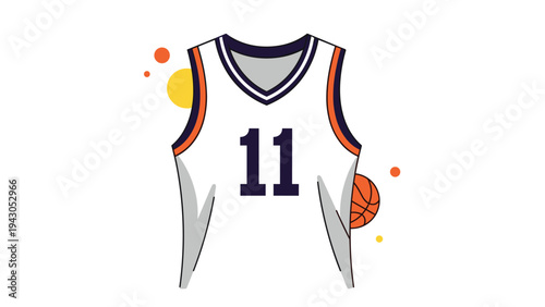 White basketball jersey with blue and orange trim, featuring the prominent number 11, accompanied by a basketball graphic, symbolizing sports and team spirit.