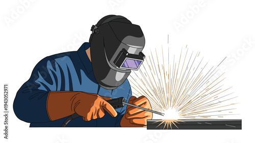 Skilled worker wearing a welding mask and protective gloves, expertly joining metal pieces with bright sparks flying, illustrating industrial work and craftsmanship.