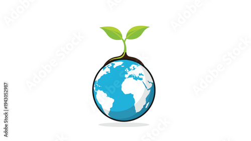 Small green plant with fresh leaves sprouting from the top of a vibrant Earth globe, symbolizing environmental growth, sustainability, and ecological responsibility.