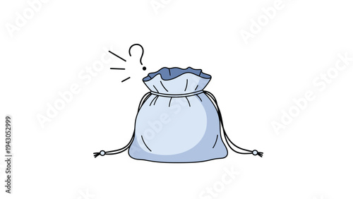 Light blue drawstring pouch or bag with a floating question mark above it, symbolizing mystery, uncertainty, hidden contents, or a surprise.