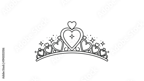 Elegant line art drawing of a princess tiara or crown, adorned with charming hearts and sparkling stars, symbolizing royalty, beauty, and fantasy.