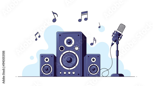 Professional studio speakers and a classic microphone on a stand, with musical notes floating around, symbolizing music production, recording, or performance.
