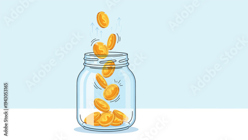Glistening gold coins gracefully falling into a clear glass jar, symbolizing savings, investment, financial growth, and wealth accumulation.