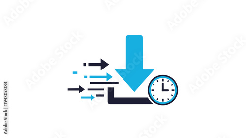 Dynamic download icon with a clock and horizontal arrows, symbolizing fast download speed, efficient data transfer, and quick access to information.