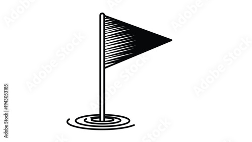 Stylized golf flagstick in a hole, surrounded by concentric ripples of water, depicted in a clean sketch outline, symbolizing a water hazard or challenge.