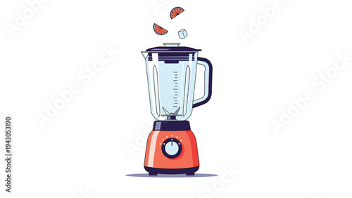 Modern kitchen blender with fresh fruit slices and ice cubes falling into its pitcher, suggesting the preparation of healthy smoothies or juices.