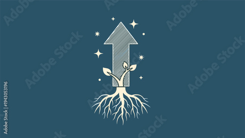 Upward-pointing growth arrow organically sprouting from strong roots, surrounded by sparkling stars, symbolizing natural progress, success, and development.