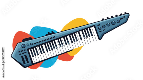 Sleek modern keytar musical instrument with a full keyboard, displayed against vibrant abstract colorful shapes, symbolizing music and performance.