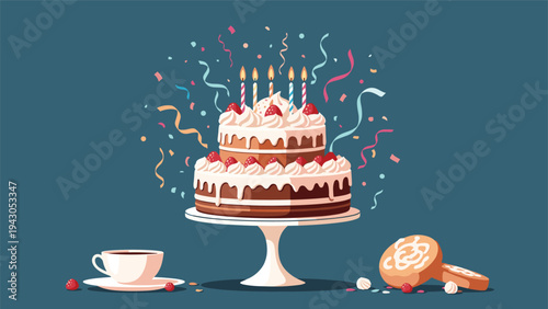 Delicious multi-tiered birthday cake adorned with lit candles and fresh berries, surrounded by colorful confetti, a coffee cup, and cookies, symbolizing celebration.