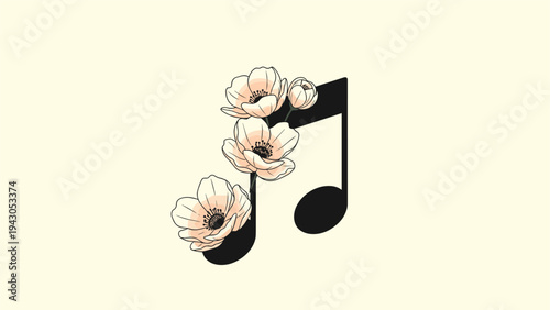 Elegant black musical note icon adorned with delicate pink blooming flowers, symbolizing melodic nature, gentle music, or artistic expression.