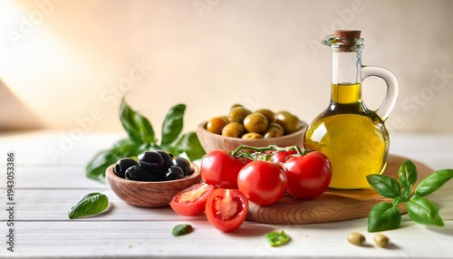 Mediterranean diet ingredients with fresh basil, tomatoes, and olive oil