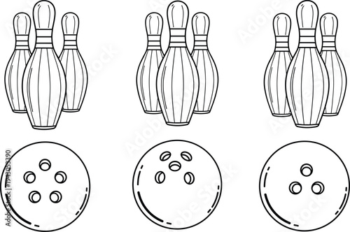 Bowling Sports Vector Set Featuring Ten Pin Arrangements and Different Ball Hole Patterns in Minimalist Line Art Style for Leisure DesignBowling Sports Vector Set Featuring Ten Pin Arrangements and Di