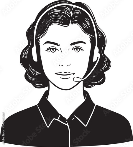 Hand Drawn Female Customer Service Agent Black and White Avatar Illustration in Minimal Line Art Style Design