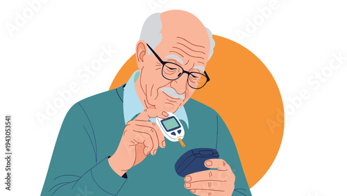 Elderly man wearing glasses intently checking his blood sugar with a glucose meter and lancet device, illustrating diabetes management and health monitoring.