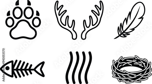 Wildlife nature icon set paw antlers feather fish bone scent lines nest vector illustration hunting camping symbols collection