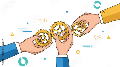 Business collaboration concept with diverse hands assembling golden gears, symbolizing teamwork, problem-solving, and efficient system integration in a corporate environment.