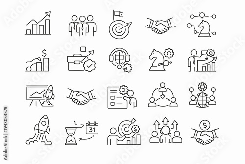 Collection of business and productivity icons depicting growth and collaboration