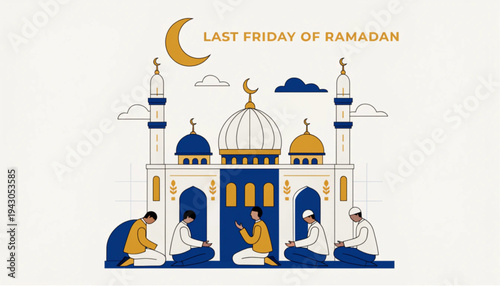 Ramadan Friday Illustration: An illustration depicting the end of Ramadan with a mosque and figures praying under a crescent moon, symbolizing peace.