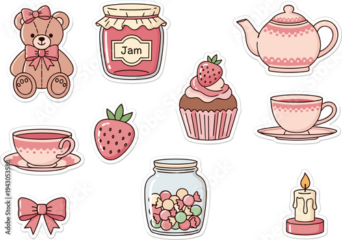 Whimsical tea party still life with teddy bear and cupcakes in soft pastel colors on white background for kids party decoration