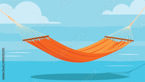 Vibrant orange hammock suspended outdoors against a clear blue sky with subtle clouds, symbolizing relaxation, vacation, and serene leisure time.