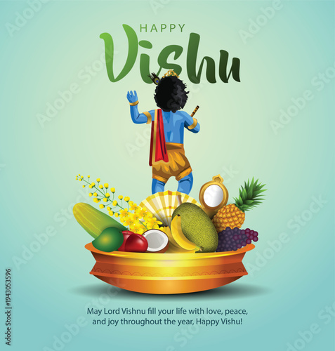 Happy Vishu greetings. April 14 Kerala festival with Vishu Kani, vishu flower Fruits and vegetables in a bronze vessel. vector illustration design (Malayalam translation: happy vishu)