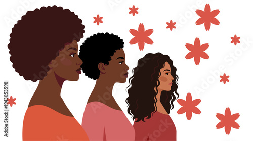 Group of diverse women portraits in profile. Multicultural female community and women solidarity concept. Different hairstyles and identities. Modern flat vector illustration.