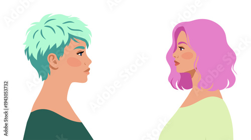 Two diverse women facing each other. Multicultural female portraits in profile. Female communication and friendship concept. Modern flat vector illustration.
