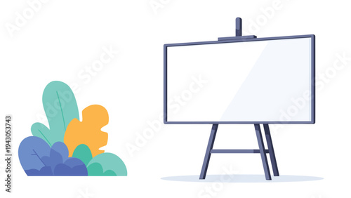 Blank whiteboard on an easel, accompanied by abstract colorful leaves, ready for presentation, brainstorming, or artistic expression in a natural setting.