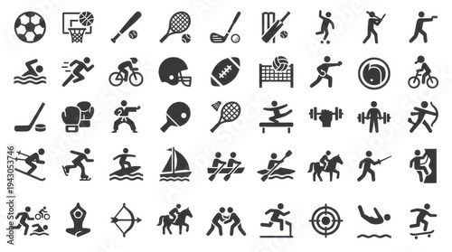 Large Set of 50 Minimalist Black Sports Pictograms and Fitness Icons on a White Background