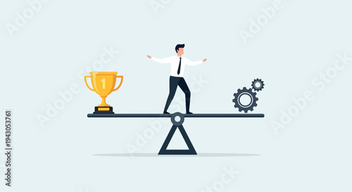 Businessman balancing golden trophy and gears on seesaw, business success concept