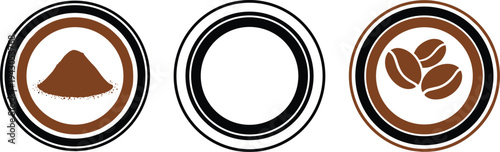 Circular Coffee Vector Icon Set Featuring Roasted Brown Coffee Beans and Ground Powder Pile Designs for Cafe and Beverage BrandingCircular Coffee Vector Icon Set Featuring Roasted Brown Coffee Beans a