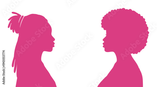 Two diverse women facing each other. Multicultural female portraits in profile. Female communication and friendship concept. Modern flat vector illustration.