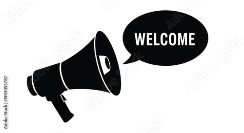 Black silhouette of a megaphone with a welcome message in a speech bubble