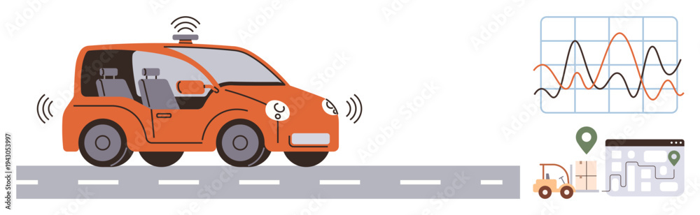 Naklejka premium Autonomous vehicles, smart transportation, urban mobility, AI technology, traffic data, navigation. A self-driving car with sensors on a road and analytics charts. Self-driving cars and smart
