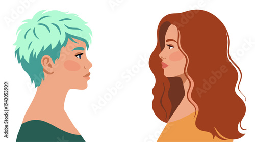 Two diverse women facing each other. Multicultural female portraits in profile. Female communication and friendship concept. Modern flat vector illustration.