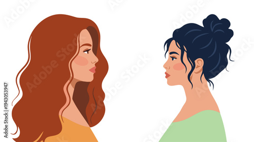 Two diverse women facing each other. Multicultural female portraits in profile. Female communication and friendship concept. Modern flat vector illustration.