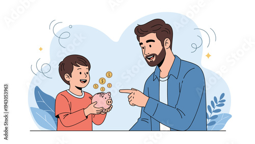 Smiling father teaching his son about saving money with a piggy bank, symbolizing financial education, parental guidance, and responsible habits for the future.