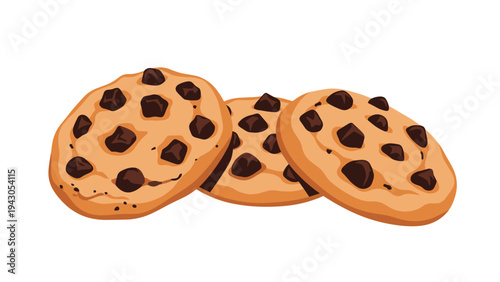 Three delicious chocolate chip cookies with visible chocolate chunks, representing sweet treats, dessert, baking, and comforting snacks.
