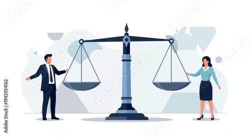 Equality Concept with Business Man and Woman Balancing Large Scale Vector Illustration