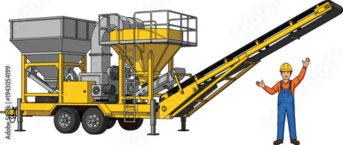 Mobile stone crusher machine with conveyor belt and industrial worker illustration isolated, heavy mining equipment for construction, quarry processing plant vector