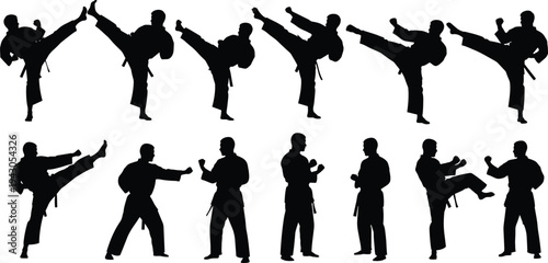 Karate martial arts kicking and fighting poses silhouette set, martial artist training collection isolated vector for combat sport, self defense practice