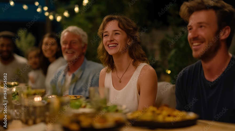 Fototapeta premium Queer chosen family celebrating found family dinner, long table filled with potluck dishes, multiple generations and backgrounds represented, laughter and conversation filling cramped apartment
