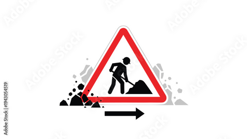 Road work warning sign with an arrow and debris, symbolizing construction, caution, detour, and safety measures on an active work site.