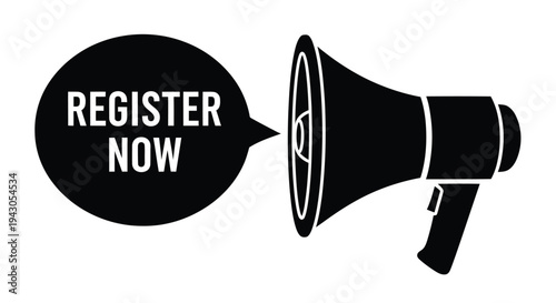 Black silhouette of a megaphone with the text register now inside