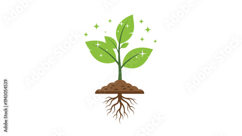Vibrant green plant with visible roots in rich soil, emanating shimmering sparkles, symbolizing growth, nature, sustainability, and ecological vitality.